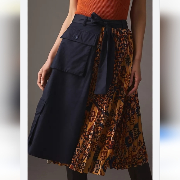 Anthropologie, New Eva Franco Pleated Cargo Wrap Skirt Blue/Orange SZ Small 2 - Picture 3 of 13